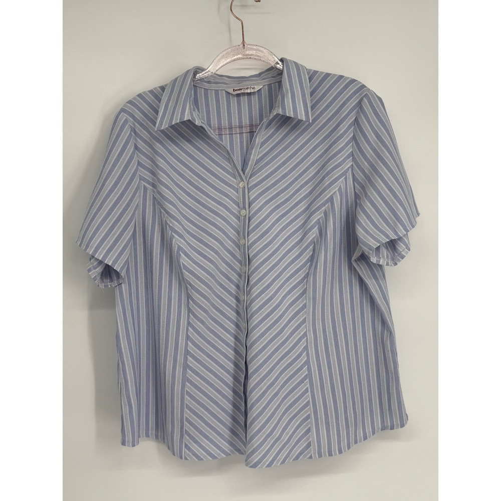 Bonmarche Womens Sz 22 Blue Striped Short Sleeve Button Front Collared Shirt